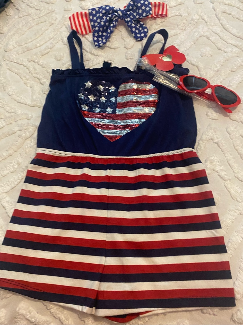 Girls Navy, Red & White Striped Romper with Sequin Heart. Headband/ sunglasses